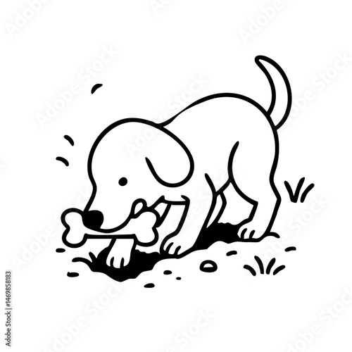A satisfied dog using its nose and paws to hide a bone or treat under a pillow or in the backyard, glancing around sneakily