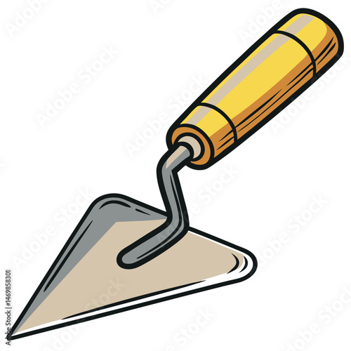 Illustration of a triangular trowel with a yellow and brown handle on a white background