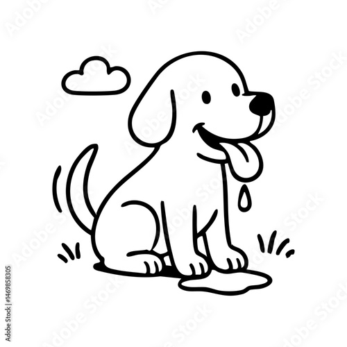 A dog so happy its whole body wiggles — drawn with curved motion lines and a tongue-out, squinty-eyed grin.