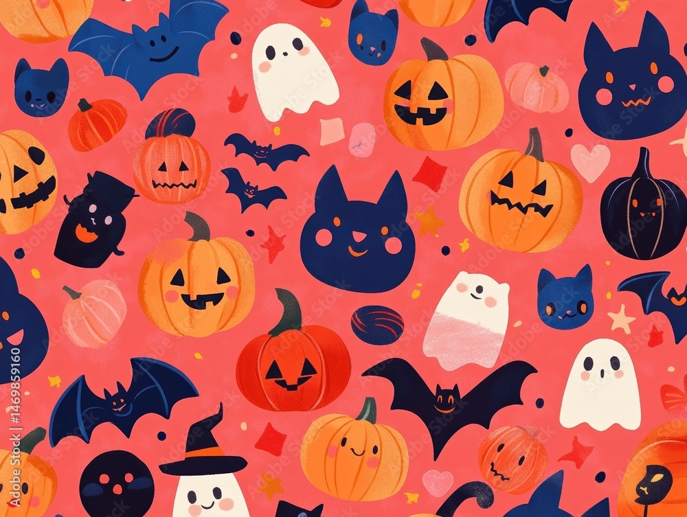 Fototapeta premium Cute Halloween Seamless Pattern with Pumpkins Cats and Bats on Pink Background