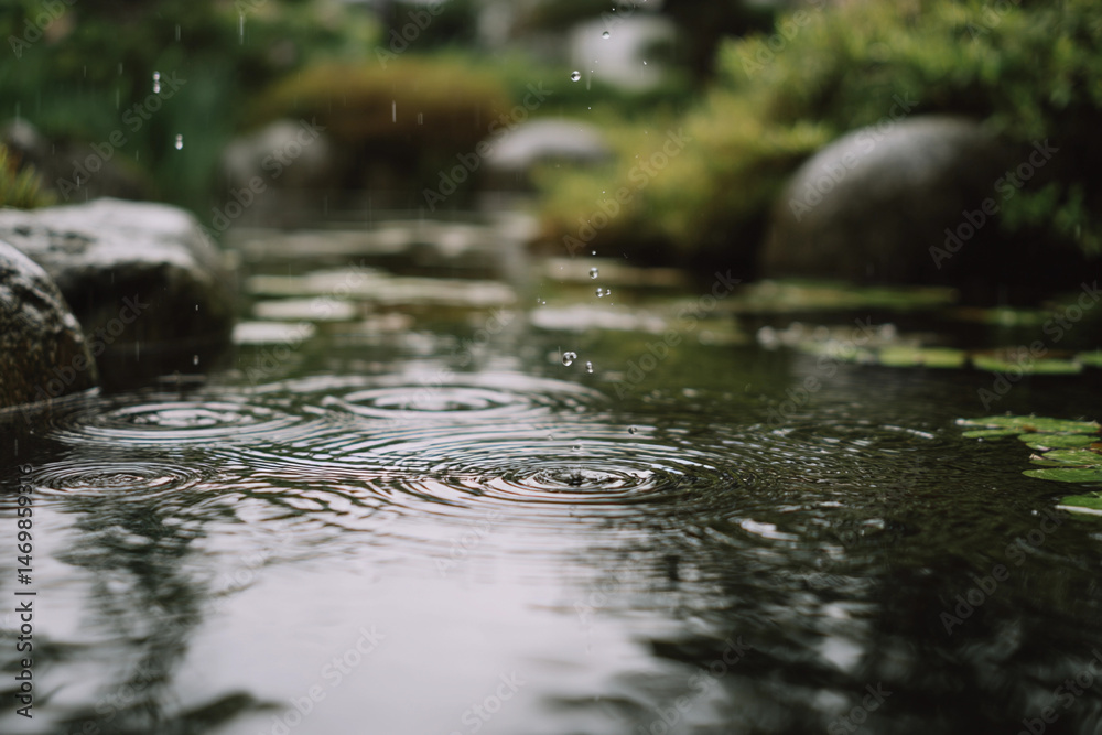 Fototapeta premium Raindrops Falling on a Calm Pond, Creating Ripples