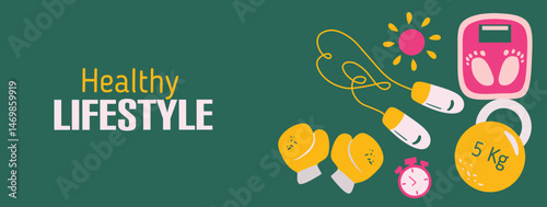 Healthy lifestyle background. Habits, fitness, sport exercises for active life. Daily routine, dumbbell, gymnastics and yoga workout vector illustration. Wellness, health concept for poster and banner