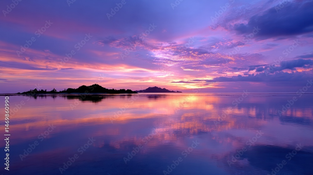 Naklejka premium Calm sea reflecting a vibrant sunset sky in shades of orange, pink, and purple with a silhouette of a distant island on the horizon
