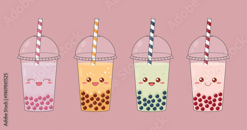 Bubble tea set. Delicious drinks in plastic cups with tube. Vector illustration