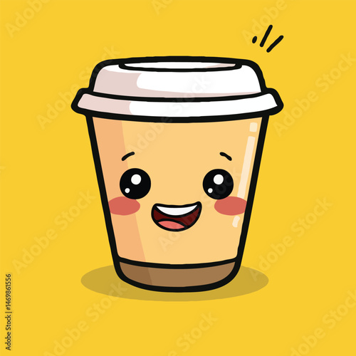 Cute Coffee Cup Character Cartoon Illustration On A Vibrant Yellow Background