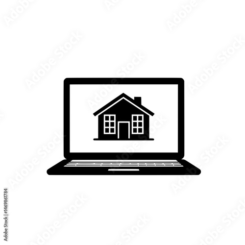 Laptop displaying house with chimney icon representing real estate software, home investment, or online property management