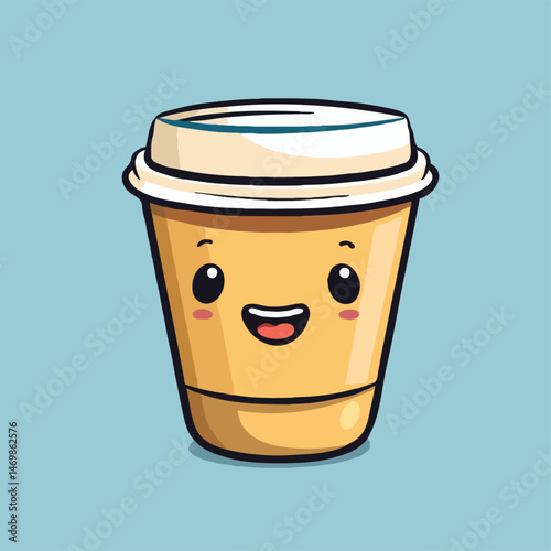 Cartoon Coffee Cup Character With Happy Smiling Expression On Light Blue Background