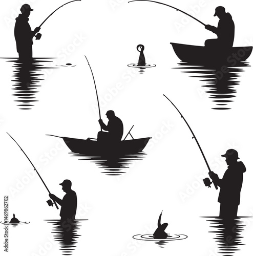 Fisherman Casting Line Silhouette

Fish Caught Mid-Jump Vector Scene

Fishing Boat Adventure Silhouette

Spearfishing in Action Silhouette

Calm Lake Fish Hunt Vector Design