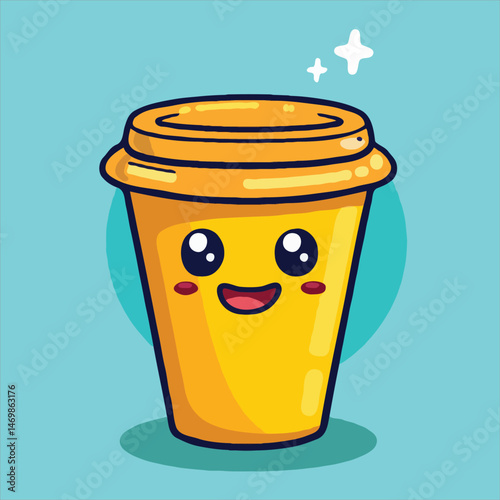 Cute Cartoon Coffee Cup With Kawaii Smiling Face On Light Blue Background