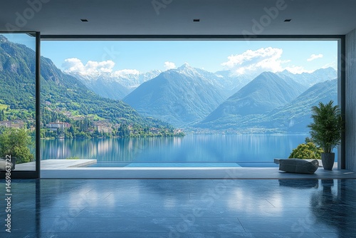 Panoramic view of a modern luxury interior with a lake and mountain vista.