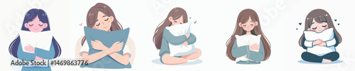 a woman hugging a pillow happily style vector flat design