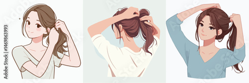 young woman tying hair style vector flat design