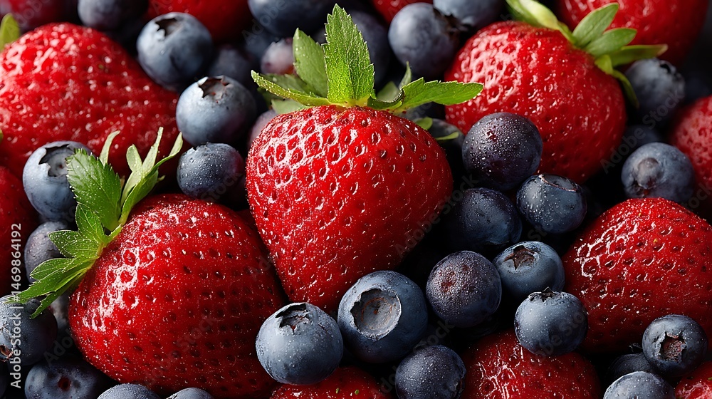 Obraz premium Freshly picked strawberries and blueberries
