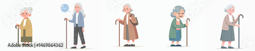an old woman smiling while holding a stick style vector flat design