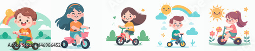 happy little boy and girl riding tricycle style vector flat design