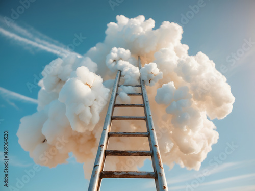 Reaching for the Horizon: An imaginative composition depicts a ladder ascending into a fluffy cloud against a backdrop of a clear blue sky, symbolizing aspiration and ambition. 