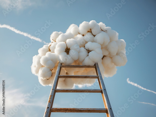 Reaching for the Sky: A surreal, dreamlike vision unfolds as a sturdy wooden ladder extends skyward, its top seemingly disappearing into a fluffy, cottony cloud.