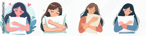 a woman hugging a pillow happily style vector flat design