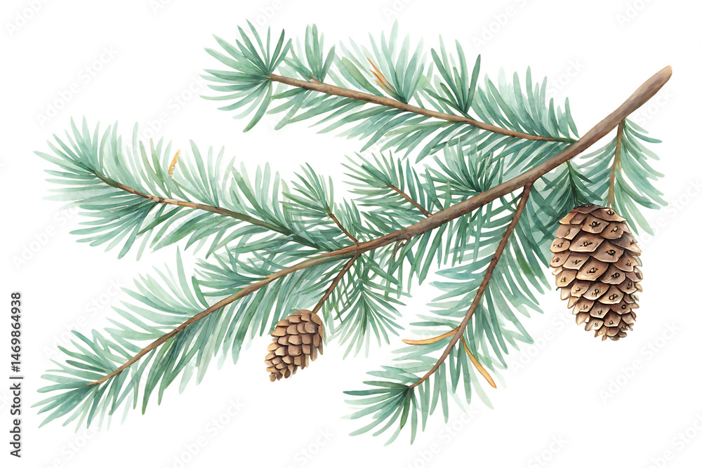 Fototapeta premium watercolor drawing of a evergreen fir tree branch isolated on white background, PNG