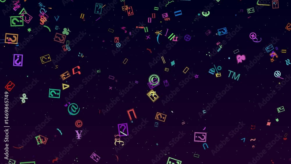 Random colorful symbols and characters scattered across a deep purple background, creating a floating constellation of bright mathematical, currency, and special typographic marks in digital space.