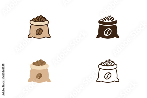 Coffee Bean Sack Icons – Flat and Outline Vector Set