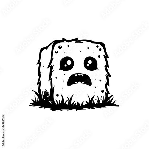 A whimsical, monochrome cartoon character with a sorrowful expression and grassy base