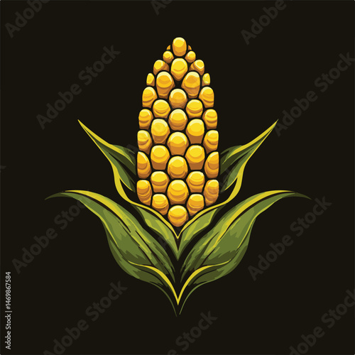 Vector Illustration Of Fresh Sweet Corn On The Cob With Green Husks Isolated On A Dark Background