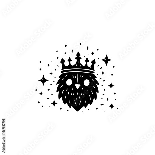Illustrative whimsical owl visage adorned with a regal crown in a starfield
