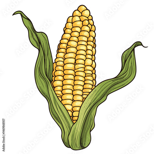Fresh Ear Of Corn With Husk Illustration Vector For Agriculture And Healthy Food Concepts
