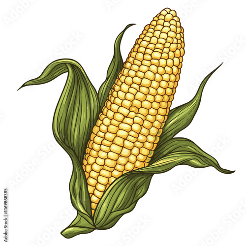 Fresh Sweet Corn On The Cob With Green Husks Vector Illustration Isolated On White