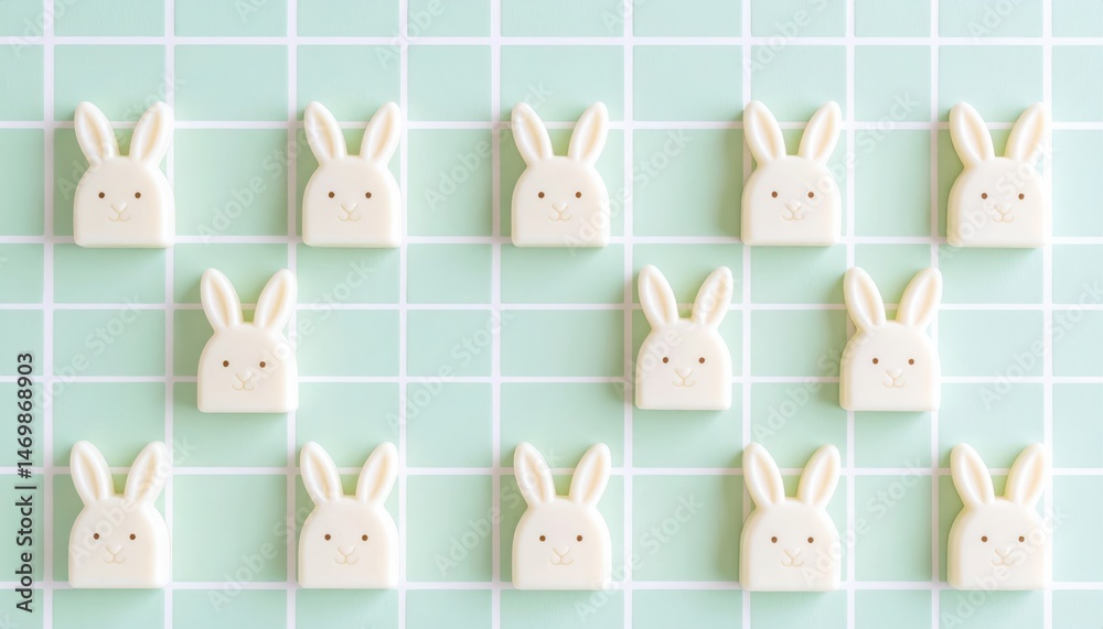 Obraz premium Cute bunny-shaped candies on mint tile background sweet treats indoor setting high angle view fun dessert concept