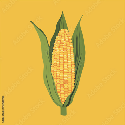 Fresh Ear Of Corn With Green Leaves Still Attached Isolated On Yellow Background Vector Illustration