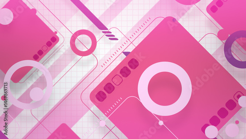 角丸四角形とシンプルな図形が並ぶポップでスタイリッシュな平面構成 - ピンク