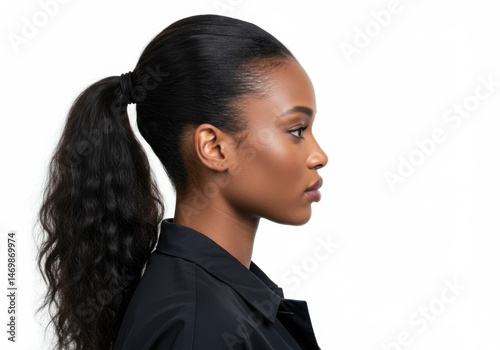 Profile of a Young Black Woman with Long Hair in a Ponytailisolated on white background