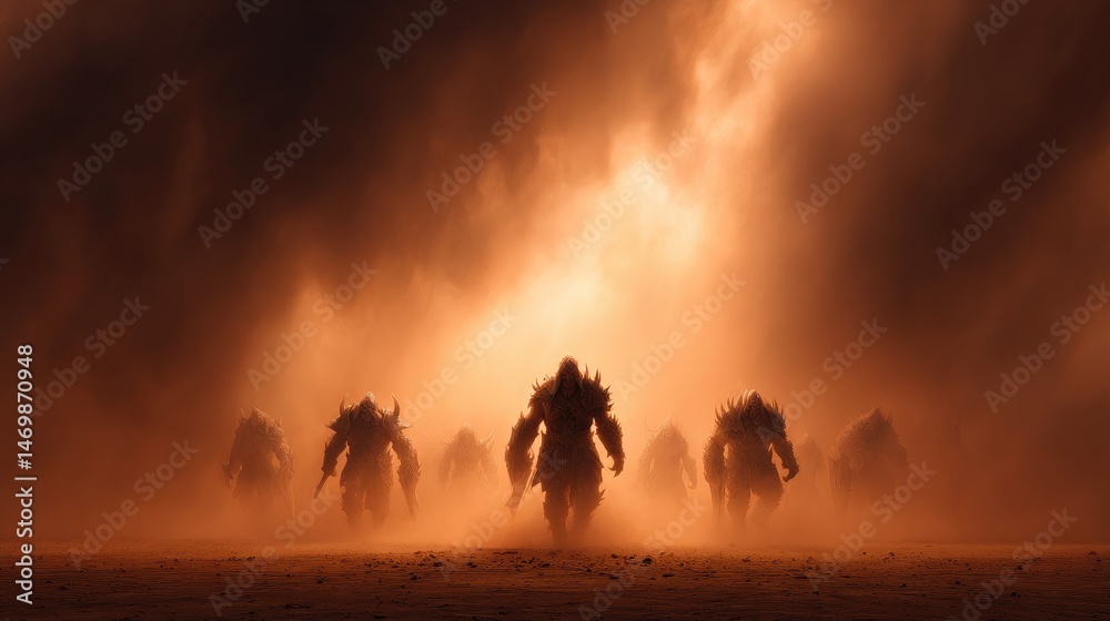Fototapeta premium Vast, dusty landscape filled with imposing figures.