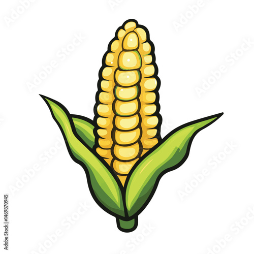 Cartoon Illustration Of Fresh Sweet Corn Cob With Green Leaves On White Background