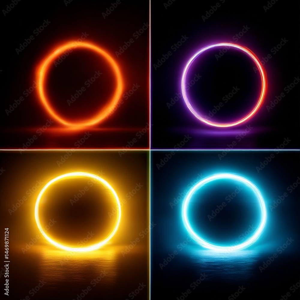 Naklejka premium Neon Rings: A Quartet of Glowing Circles Reflecting on a Dark Surface, Creating a Modern and Abstract Ambiance.