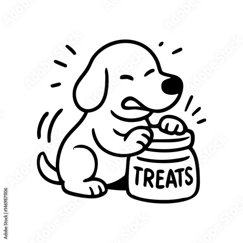 A dog pawing or biting at a closed treat jar, drawn with exaggerated determination.