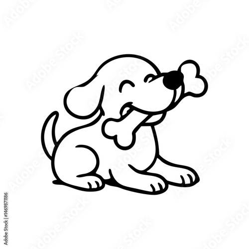 A dog lying down, front paws hugging a large bone, licking it happily.