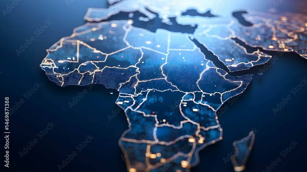 Fototapeta premium A glowing digital map of Africa highlighting country borders and city lights.