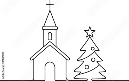Christmas Church Line Drawing Vector Design