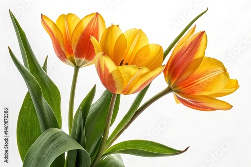 yellow orange beautiful tulips leaves isolated on a white background