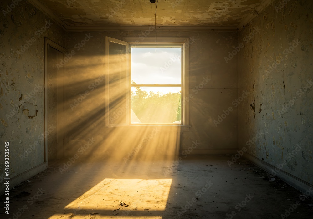 Fototapeta premium Sunbeams Streaming Through Open Window in Abandoned Room with Peeling Wallpaper
