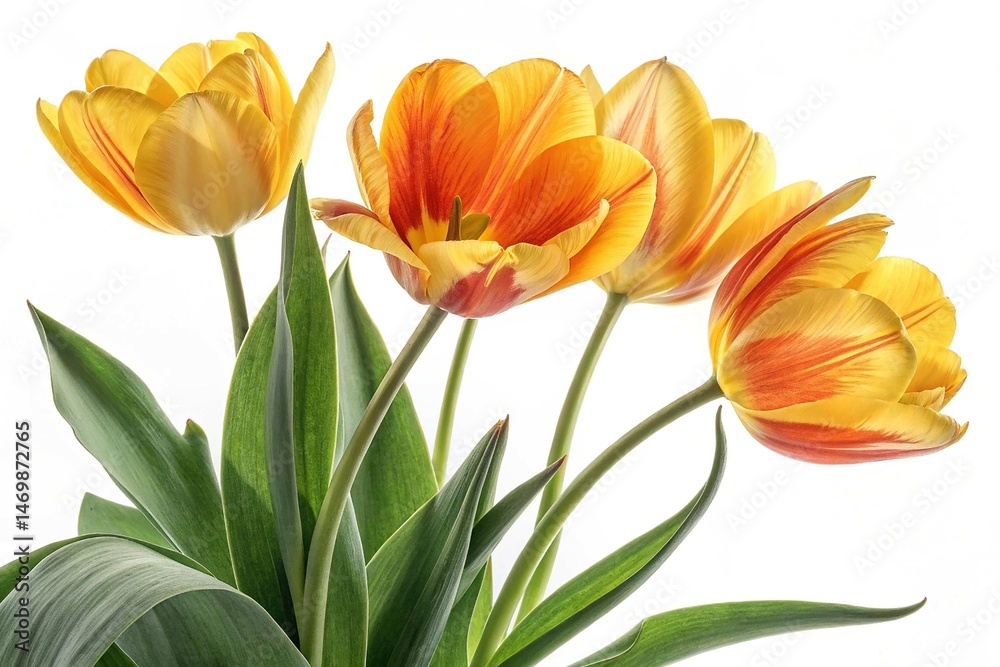 Fototapeta premium yellow orange beautiful tulips leaves isolated on a white background