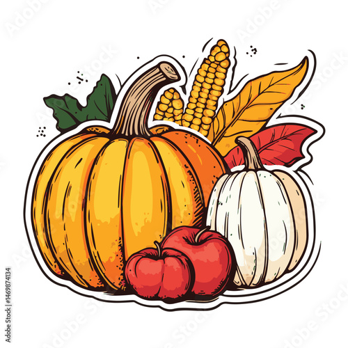 Thanksgiving Harvest Arrangement With Pumpkins Apples Corn And Leaves Hand Drawn Style