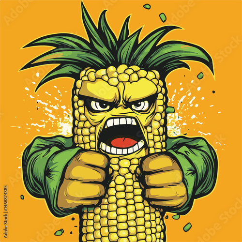 Angry Corn Cartoon Character With Fists Up Ready For Fight Representing Aggression And Power In A Funny Way