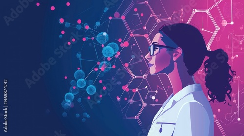 A woman in a lab coat, wearing glasses, standing in front of a colorful molecular structure on a blue and pink background.