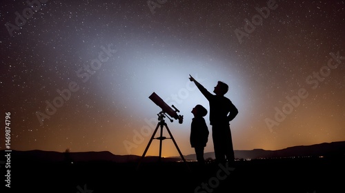 A Father and Son Stargazing Together in Silhouette Illustration Under a Majestic Night Sky Exploring the Universe with a Telescope in a Beautiful Scene