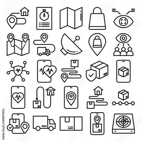 Logistics icons depict tracking and delivery