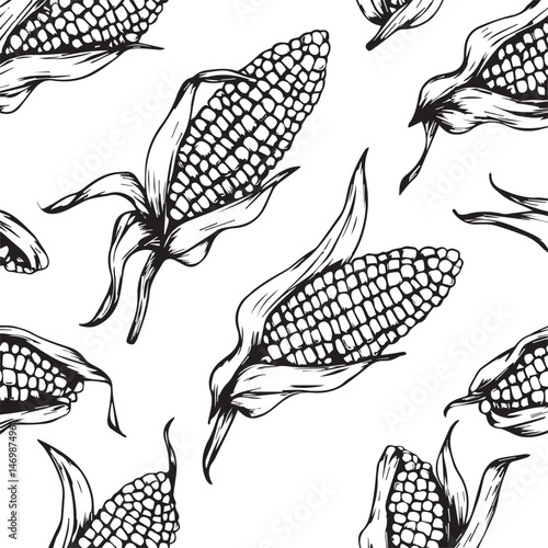 Seamless Pattern With Black And White Corn Cobs Hand Drawn Sketch Style Vector Illustration Background For Textile And Design